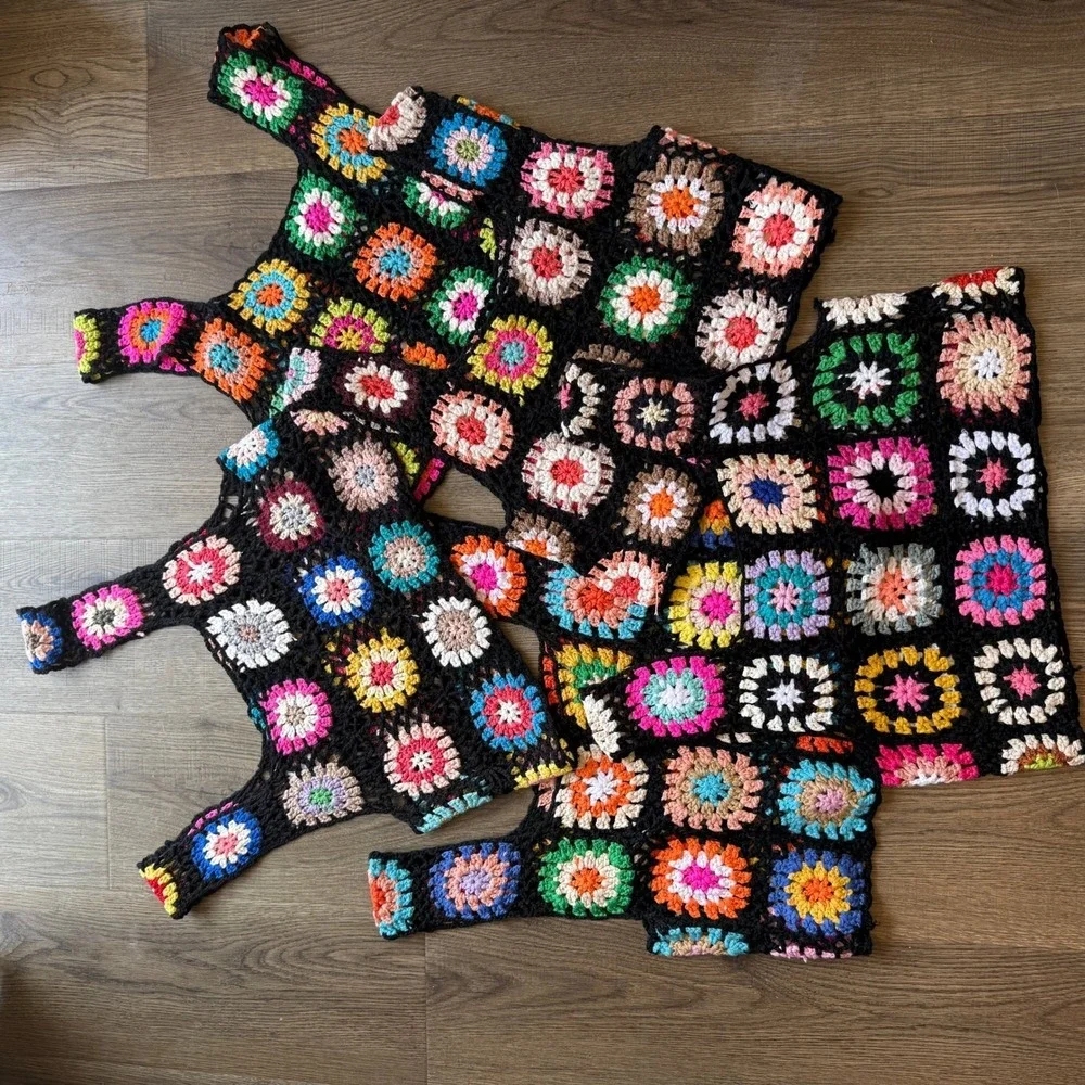 5 Handmade Crochet Granny Square Crop Tops Multi Color Boho Festival Tank Top